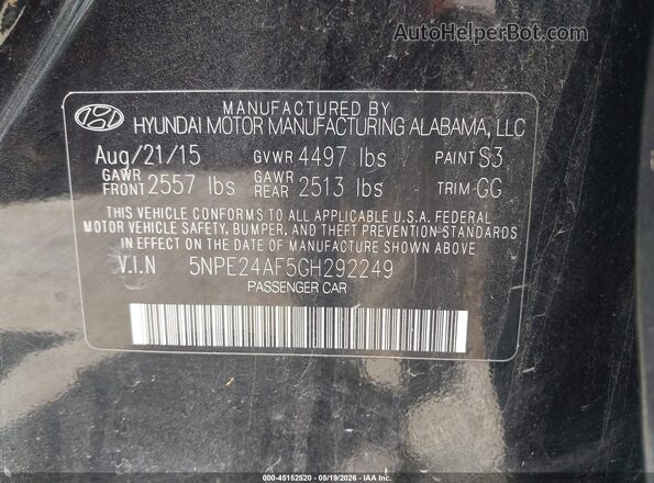 5NPE24AF5GH292249 2016 HYUNDAI SONATA Black Widok komory silnika