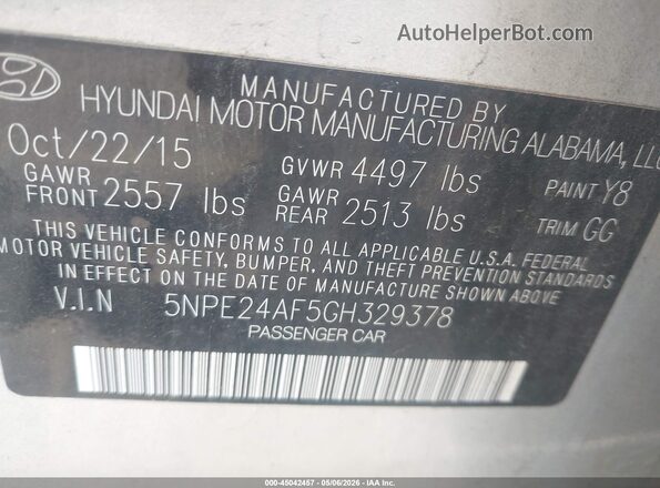 5NPE24AF5GH329378 2016 HYUNDAI SONATA Серебряный Вид подкапотного пространства