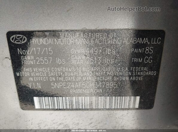 5NPE24AF5GH347895 2016 HYUNDAI SONATA Серебряный Вид подкапотного пространства