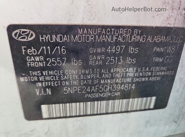5NPE24AF5GH394814 2016 HYUNDAI SONATA Белый Вид подкапотного пространства