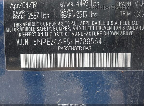 5NPE24AF5KH788564 2019 HYUNDAI SONATA Синий Вид подкапотного пространства