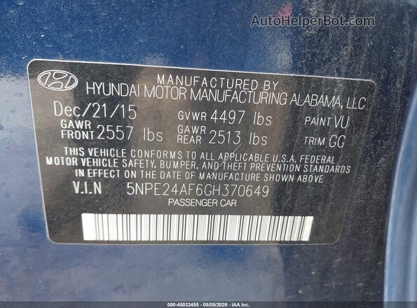 5NPE24AF6GH370649 2016 HYUNDAI SONATA Синий Вид подкапотного пространства