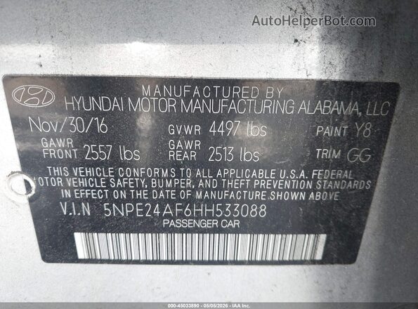 5NPE24AF6HH533088 2017 HYUNDAI SONATA Серебряный Вид подкапотного пространства