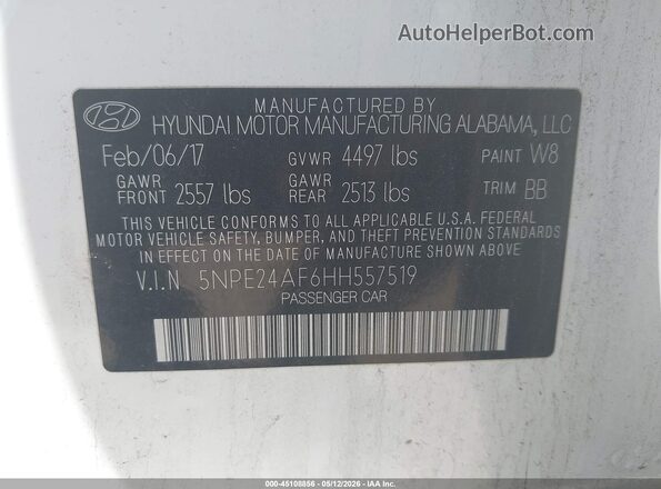 5NPE24AF6HH557519 2017 HYUNDAI SONATA White Widok komory silnika