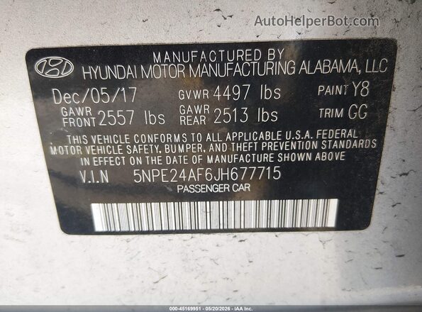 5NPE24AF6JH677715 2018 HYUNDAI SONATA Серебряный Вид подкапотного пространства
