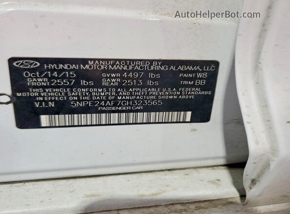 5NPE24AF7GH323565 2016 HYUNDAI SONATA White Widok komory silnika