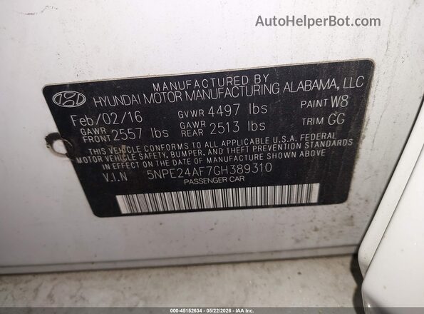 5NPE24AF7GH389310 2016 HYUNDAI SONATA Белый Вид подкапотного пространства