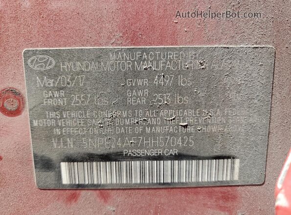 5NPE24AF7HH570425 2017 HYUNDAI SONATA Red Вид наклейки з VIN-кодом