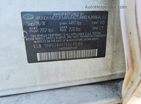 5NPE24AF7KH745084 2019 HYUNDAI SONATA White Вид наклейки з VIN-кодом