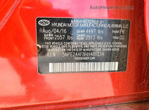 5NPE24AF8HH481334 2017 HYUNDAI SONATA Красный Вид подкапотного пространства