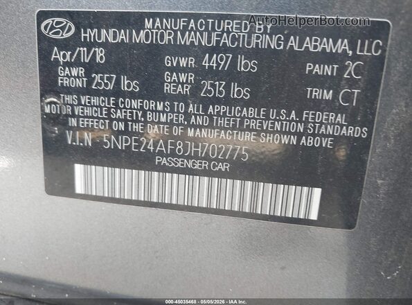 5NPE24AF8JH702775 2018 HYUNDAI SONATA Серый Вид подкапотного пространства