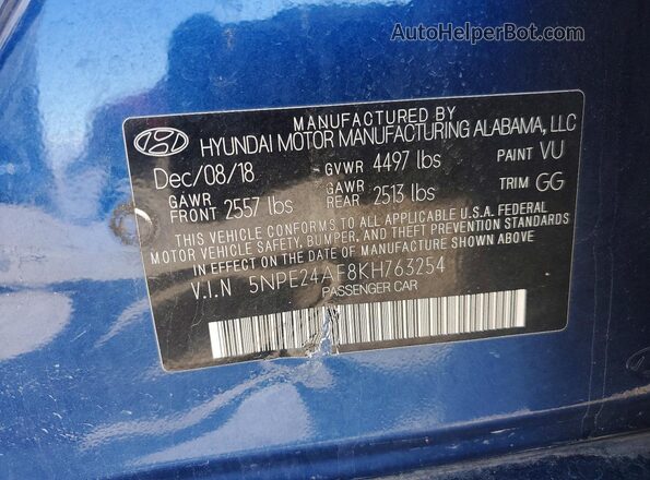 5NPE24AF8KH763254 2019 HYUNDAI SONATA Синий Вид подкапотного пространства