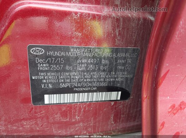 5NPE24AF9GH368166 2016 HYUNDAI SONATA Красный Вид подкапотного пространства