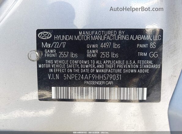 5NPE24AF9HH579031 2017 HYUNDAI SONATA Silver Вид підкапотного простору