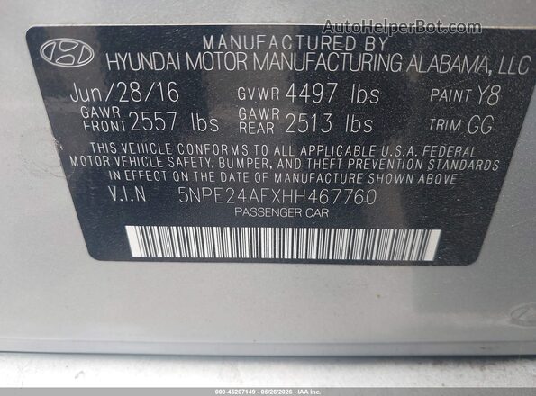 5NPE24AFXHH467760 2017 HYUNDAI SONATA Серебряный Вид подкапотного пространства