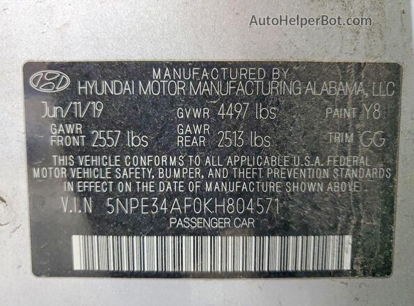 5NPE34AF0KH804571 2019 HYUNDAI SONATA Серебряный Вид подкапотного пространства