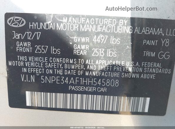 5NPE34AF1HH545808 2017 HYUNDAI SONATA Серебряный Вид подкапотного пространства