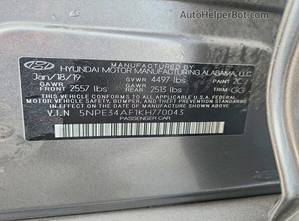 5NPE34AF1KH770043 2019 HYUNDAI SONATA Серый Вид наклейки с VIN-кодом