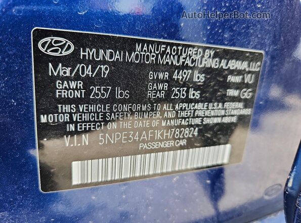 5NPE34AF1KH782824 2019 HYUNDAI SONATA Blue ძრავის განყოფილების ხედი