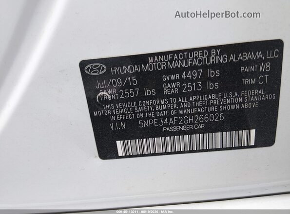 5NPE34AF2GH266026 2016 HYUNDAI SONOTA White Vista del compartimento del motor