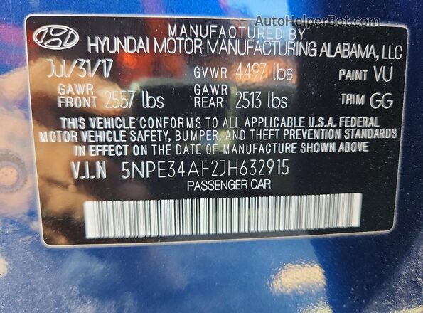5NPE34AF2JH632915 2018 HYUNDAI SONATA Синий Вид подкапотного пространства