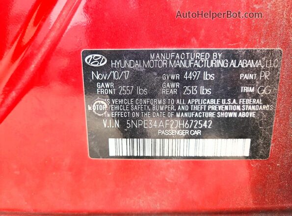 5NPE34AF2JH672542 2018 HYUNDAI SONATA Темно-бордовый Вид наклейки с VIN-кодом