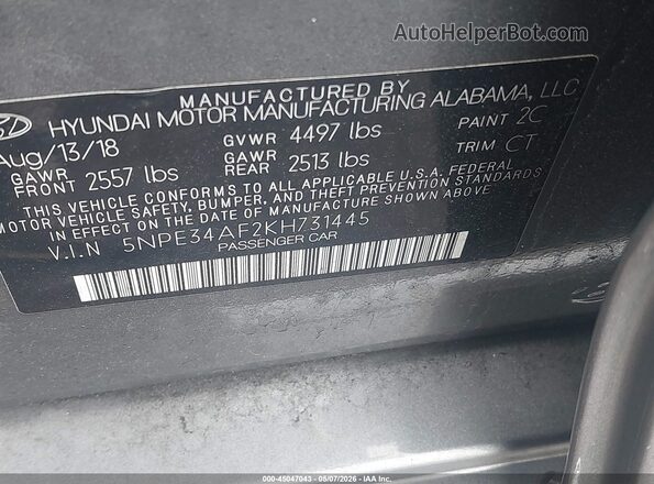 5NPE34AF2KH731445 2019 HYUNDAI SONATA Серый Вид подкапотного пространства