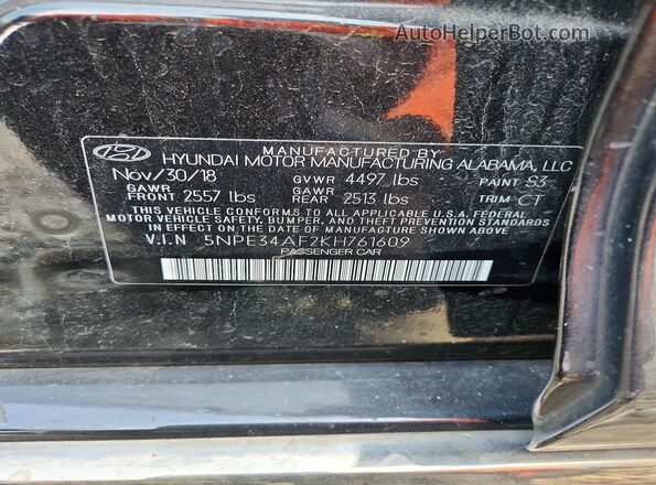 5NPE34AF2KH761609 2019 HYUNDAI SONATA Черный Вид подкапотного пространства