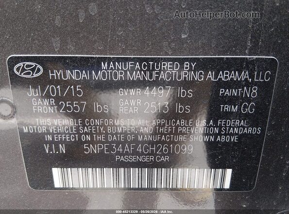 5NPE34AF4GH261099 2016 HYUNDAI SONATA Серый Вид подкапотного пространства