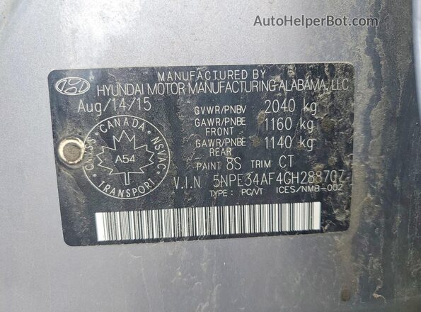 5NPE34AF4GH288707 2016 HYUNDAI SONOTA Silver Widok komory silnika