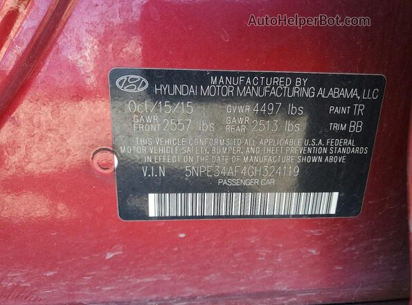5NPE34AF4GH324119 2016 HYUNDAI SONATA Red ძრავის განყოფილების ხედი