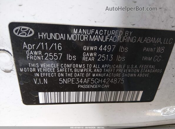 5NPE34AF5GH424875 2016 HYUNDAI SONATA White Widok komory silnika