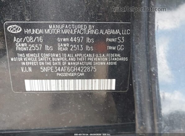 5NPE34AF6GH422875 2016 HYUNDAI SONATA Черный Вид подкапотного пространства