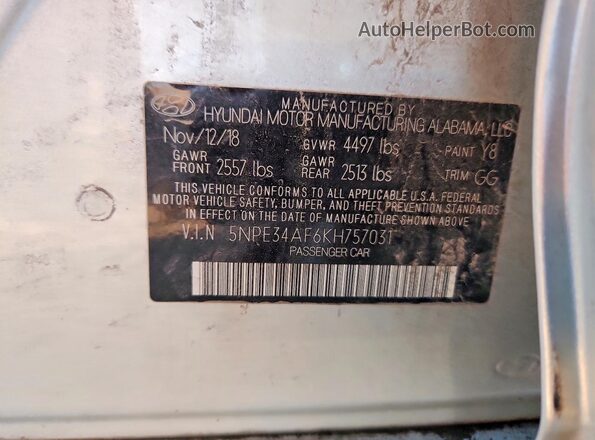 5NPE34AF6KH757031 2019 HYUNDAI SONATA Silver Widok komory silnika