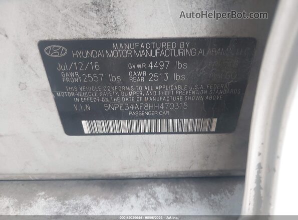 5NPE34AF8HH470315 2017 HYUNDAI SONATA Серебряный Вид подкапотного пространства