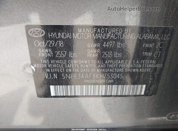 5NPE34AF8KH753045 2019 HYUNDAI SONATA Gray Vista del compartimento del motor