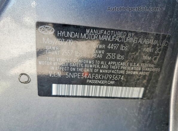 5NPE34AF8KH793674 2019 HYUNDAI SONATA Серебряный Вид подкапотного пространства