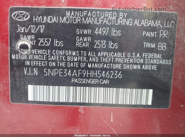 5NPE34AF9HH546236 2017 HYUNDAI SONATA Red Widok komory silnika