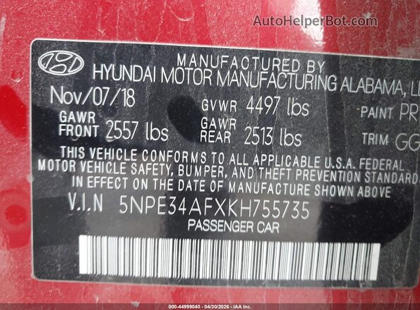 5NPE34AFXKH755735 2019 HYUNDAI SONATA Красный Вид подкапотного пространства