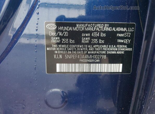 5NPEF4JA4MH102798 2021 HYUNDAI SONATA Blue VIN sticker view