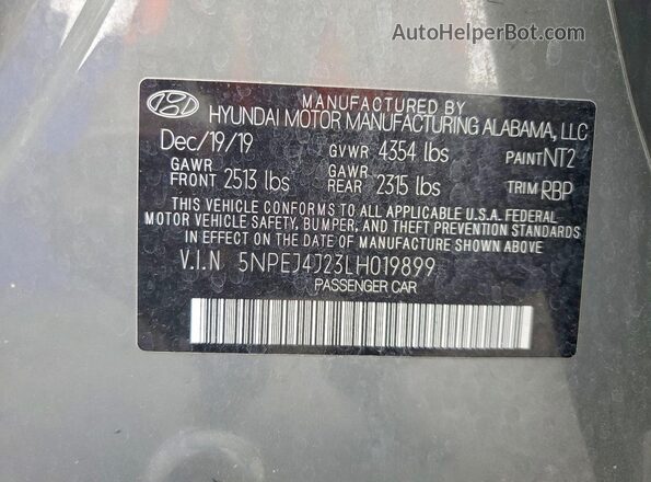 5NPEJ4J23LH019899 2020 HYUNDAI SONATA Серый Вид наклейки с VIN-кодом