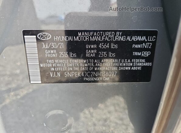 5NPEK4JC2NH138097 2022 HYUNDAI SONATA Gray Вид підкапотного простору