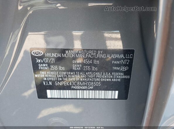 5NPEK4JC8MH108505 2021 HYUNDAI SONATA Серый Вид подкапотного пространства