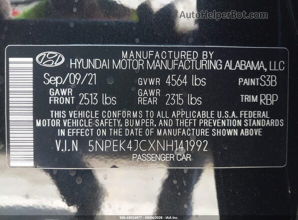 5NPEK4JCXNH141992 2022 HYUNDAI SONATA Черный Вид подкапотного пространства