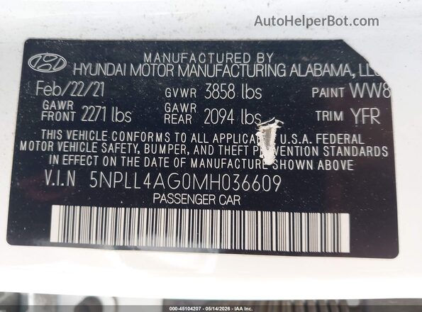 5NPLL4AG0MH036609 2021 HYUNDAI ELANTRA Белый Вид подкапотного пространства