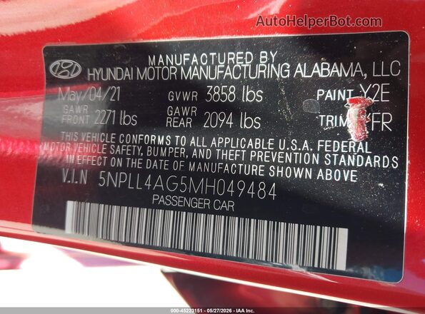 5NPLL4AG5MH049484 2021 HYUNDAI ELANTRA Красный Вид подкапотного пространства