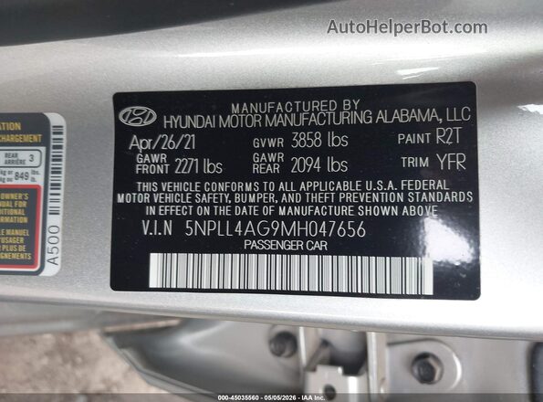 5NPLL4AG9MH047656 2021 HYUNDAI ELANTRA Серебряный Вид подкапотного пространства