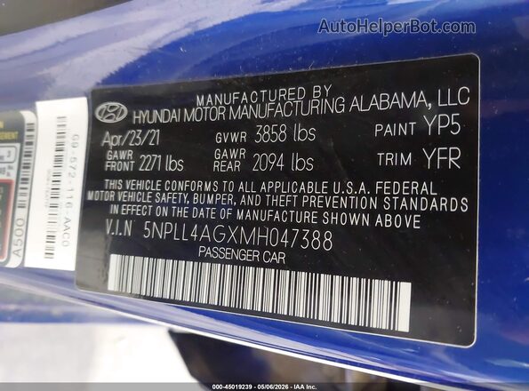 5NPLL4AGXMH047388 2021 HYUNDAI ELANTRA Синий Вид подкапотного пространства