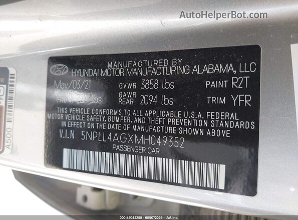 5NPLL4AGXMH049352 2021 HYUNDAI ELANTRA Серебряный Вид подкапотного пространства