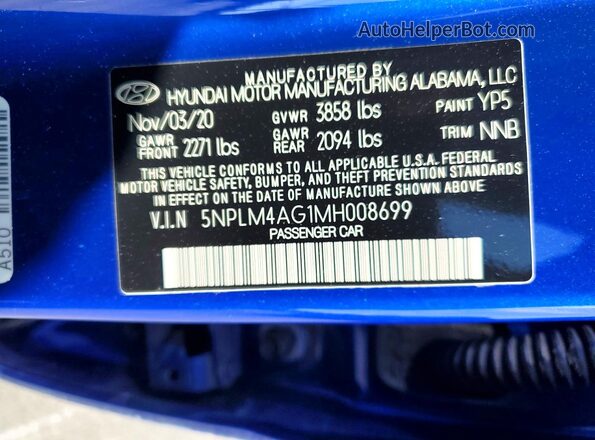 5NPLM4AG1MH008699 2021 HYUNDAI ELANTRA Синий Вид подкапотного пространства